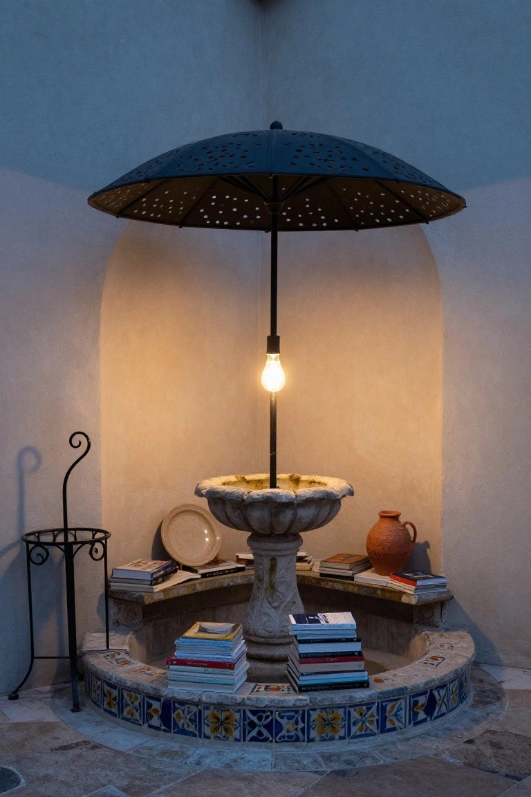 Arched outdoor alcove with stone fountain basin and surrounding bench holding stacked books, black pierced umbrella with lit bulb on pole above, metal stand with hook, terracotta jug, white plate, and colorful tiled edging on beige stone floor.
