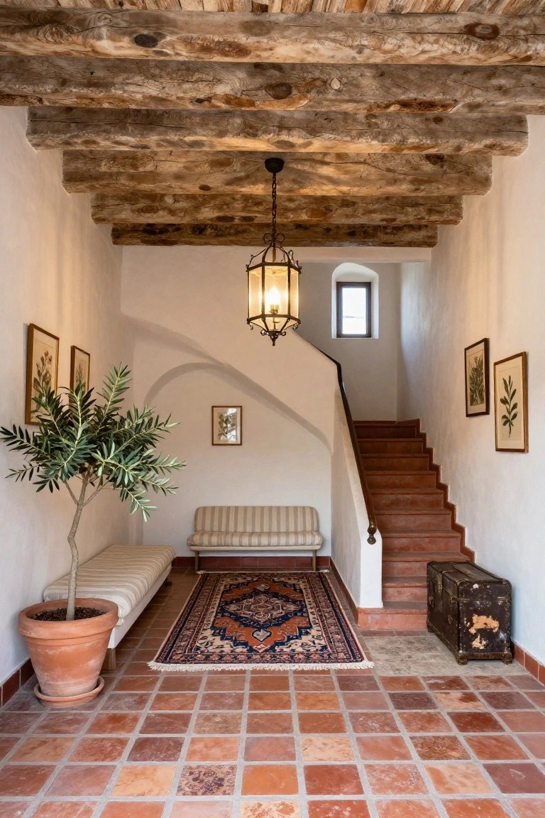 Narrow interior foyer with exposed rustic wooden ceiling beams, white walls, terracotta tile floor, arched staircase, potted olive tree, striped bench, Persian rug, old trunk, lantern light, and botanical prints on walls.