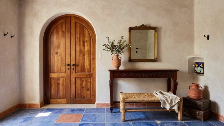 Whitewashed entryway corner with wooden door, ornate gilded mirror, carved wooden console table, rattan stool with throw blanket, leather trunk, terracotta pots with olive branches, and blue tiled floor.