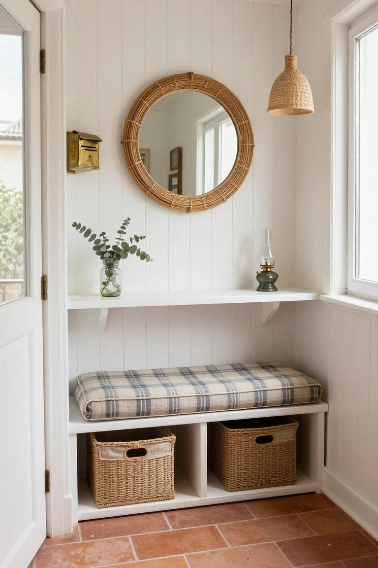 White paneled entryway nook with a cushioned plaid bench on a low shelf unit holding two woven baskets, flanked by a floating shelf with a jar of eucalyptus and oil lamp, rattan mirror on wall, brass mailbox, seagrass pendant light, and terracotta tile floor.