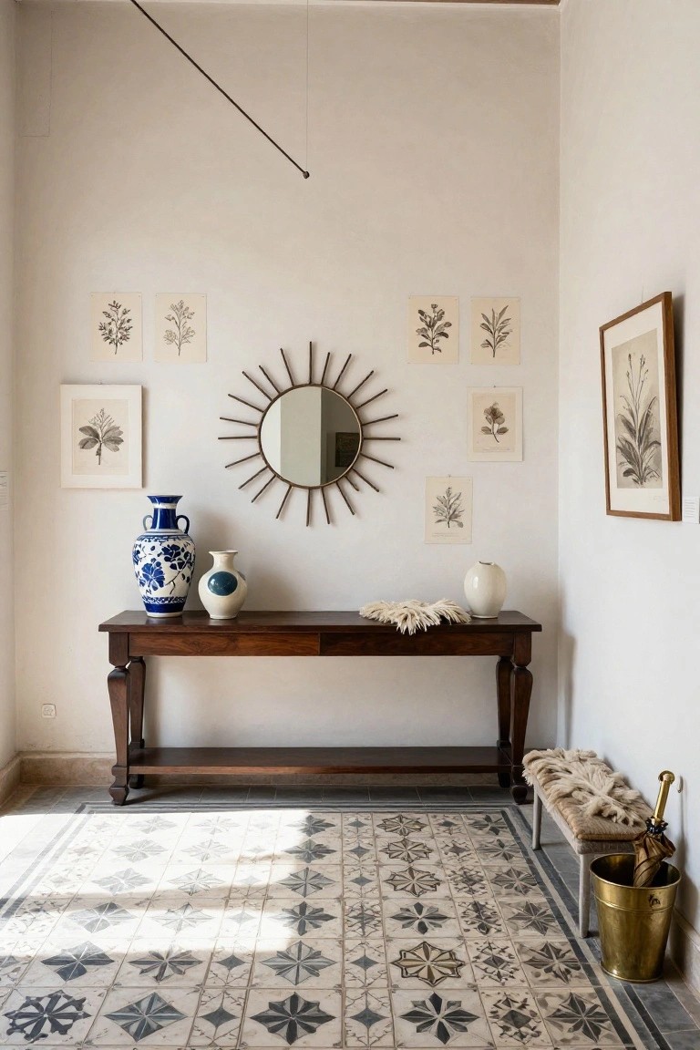 White-walled interior foyer corner with dark wood console table holding blue-and-white vase, plain vase, and sheepskin runner, flanked by botanical prints and sunburst mirror, terracotta tile floor, wood bench with sheepskin, brass umbrella stand.