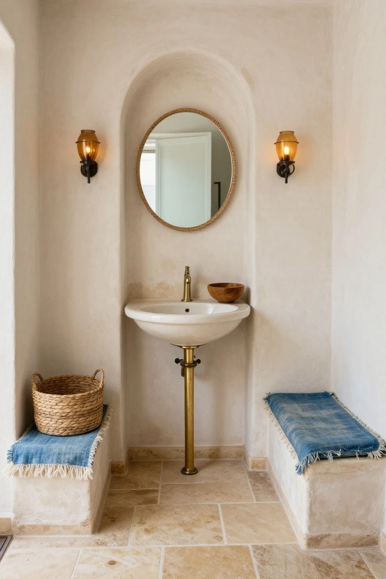 Small indoor powder room alcove featuring arched walls with a white wall-mounted sink on gold pedestal, round rattan-framed mirror above, built-in benches on each side topped with blue cushions and rattan baskets, brass wall sconces, and terracotta tile floor.