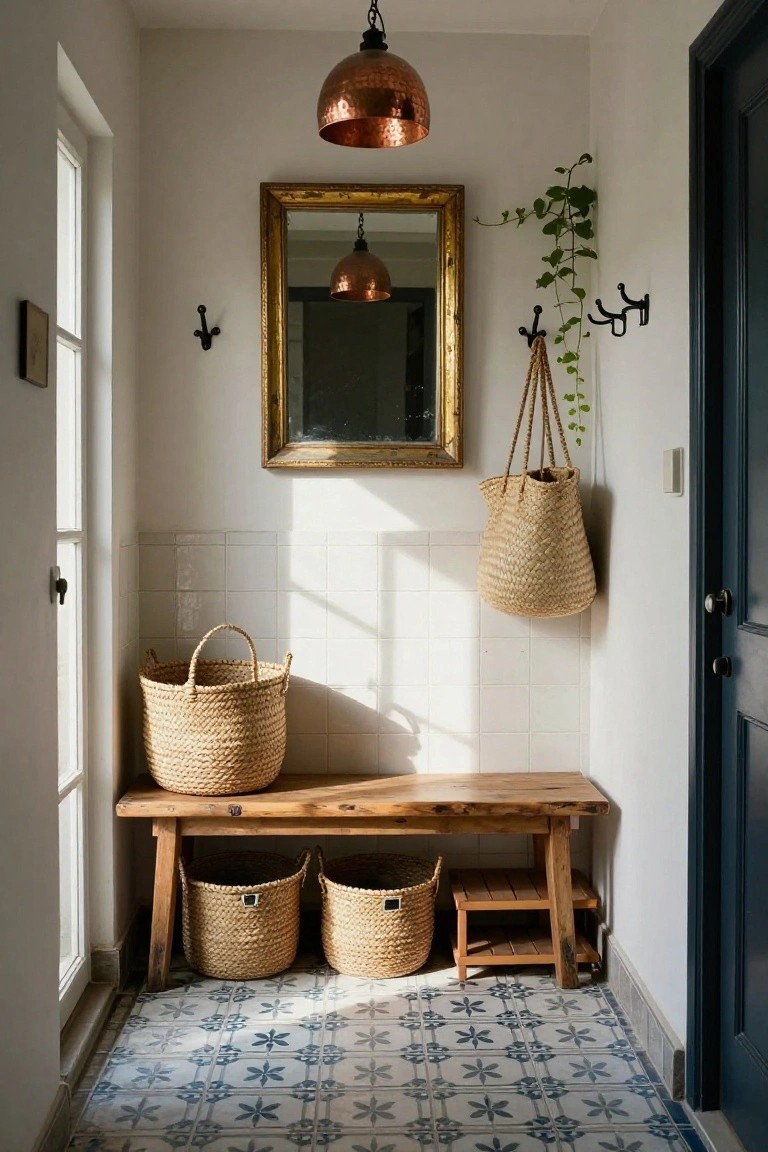 Narrow white foyer with wooden bench, seagrass baskets for storage, gold-framed mirror, hanging ivy plant on hooks, copper pendant lights, and blue star-patterned tile floor.