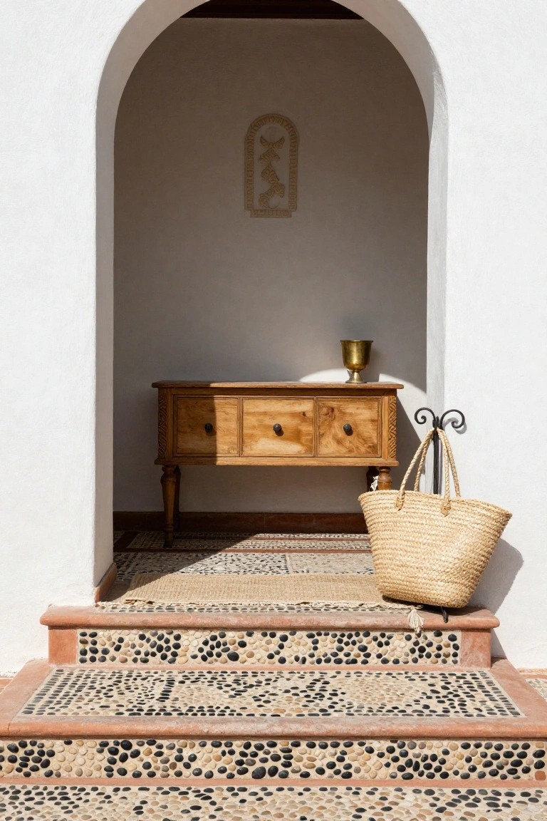 White stucco arched doorway with wooden console table holding brass chalice inside niche, straw bag on steps with pebble mosaic tiles and woven rug.