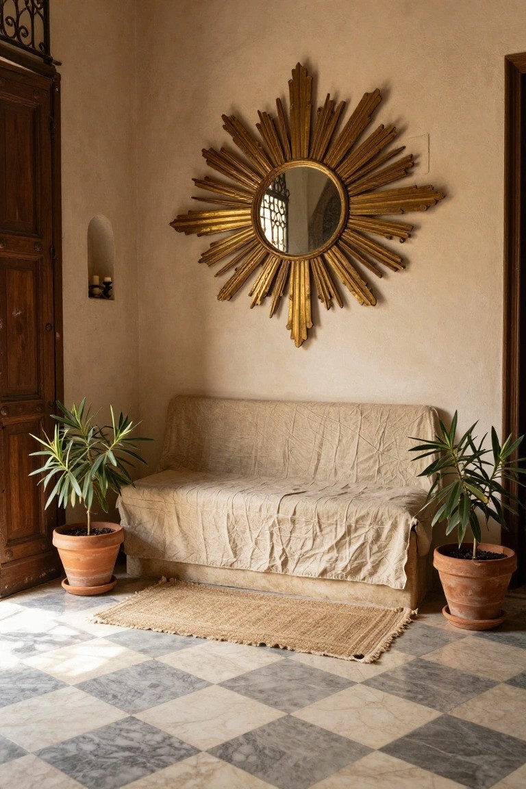A large gold sunburst mirror mounted on a beige plaster wall in a foyer, with a beige-covered bench flanked by two potted fan palm plants in terracotta pots, a woven rug, and checkered tile floor.
