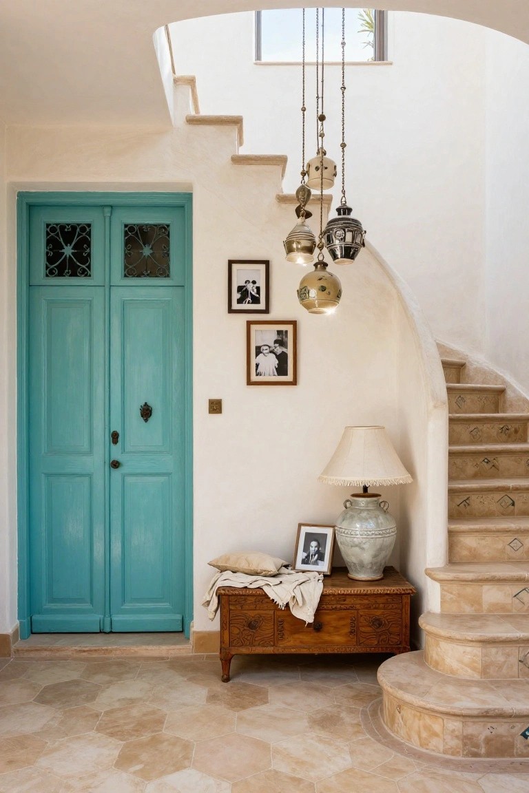 Foyer interior with turquoise double doors, curved beige stone staircase, hanging metal lanterns, framed black-and-white photos on white walls, wooden console table with lamp and vase at stair base, hexagonal beige tile floor.
