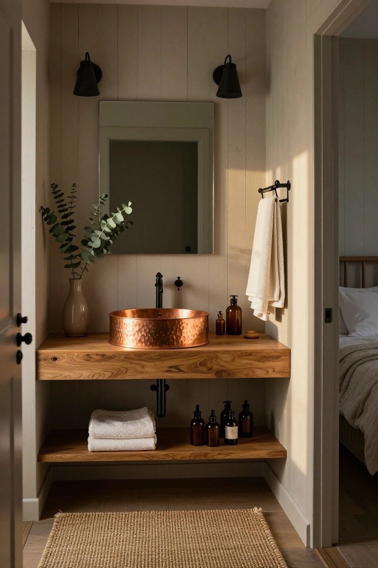 A small bathroom with light shiplap walls, a round hammered copper vessel sink on a floating wooden vanity shelf, eucalyptus in a white vase, amber glass bottles, folded towels on lower shelf, wall sconces, and an open door revealing a bedroom.