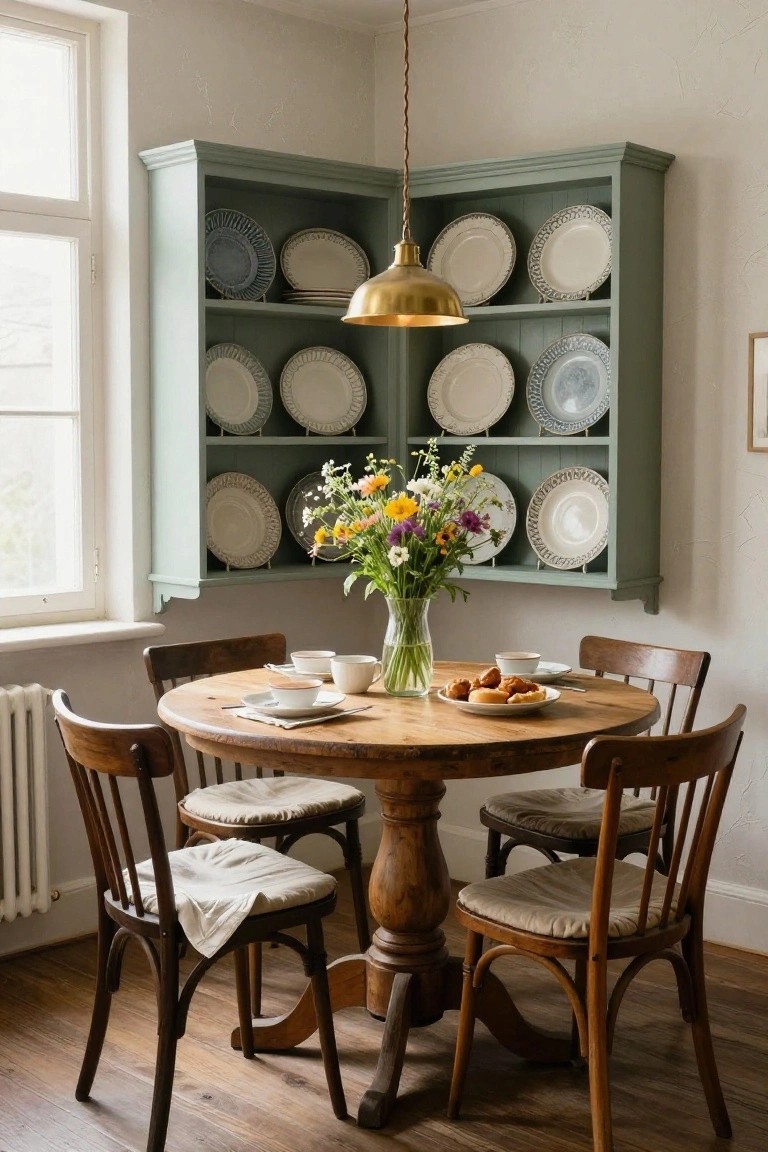 Sage green corner cabinet with open shelves displaying stacked white plates and a vase of wildflowers, beside a round wooden pedestal table set with teacups, saucers, and croissants on white plates, four wooden chairs with cream cushions, brass pendant light overhead, in a light room with window and radiator.