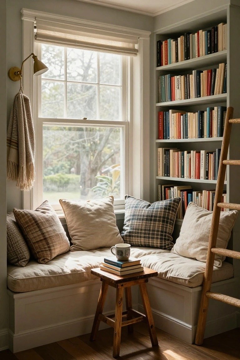 Window seat nook lined with built-in bookshelves on two sides, plush pillows in beige and plaid, stack of books and white mug on wooden stool, brass lamp nearby, trees visible through large window.