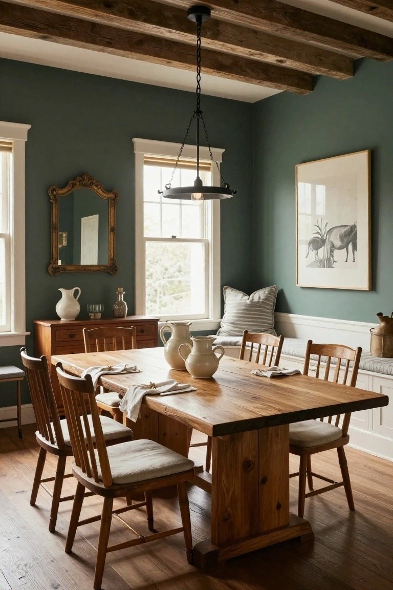Dining room featuring sage green walls, wooden beamed ceiling, rectangular wooden table with mixed ladderback chairs and built-in cushioned bench, antique mirror and white ceramic jugs on wooden sideboard, and pendant light overhead.