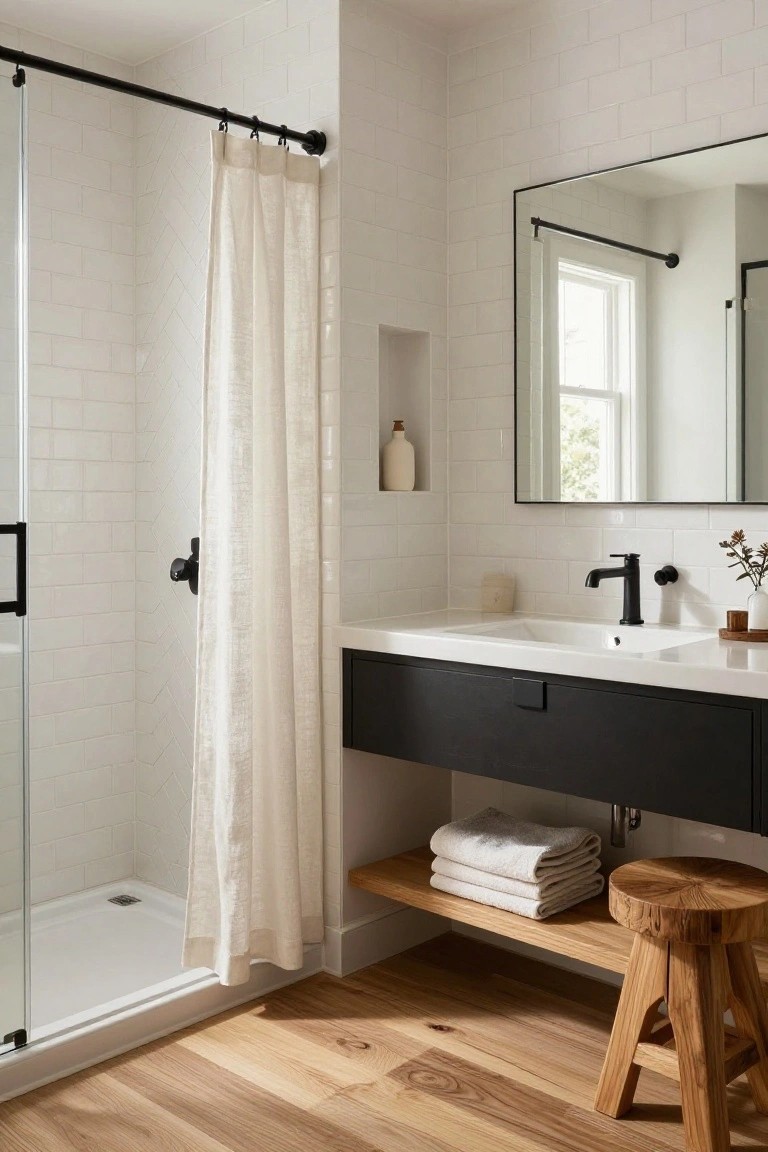 White herringbone tile bathroom with frameless glass shower enclosed by a sheer white linen curtain on black rod, floating black vanity, round black mirror, wood stool with towels, and potted plant.
