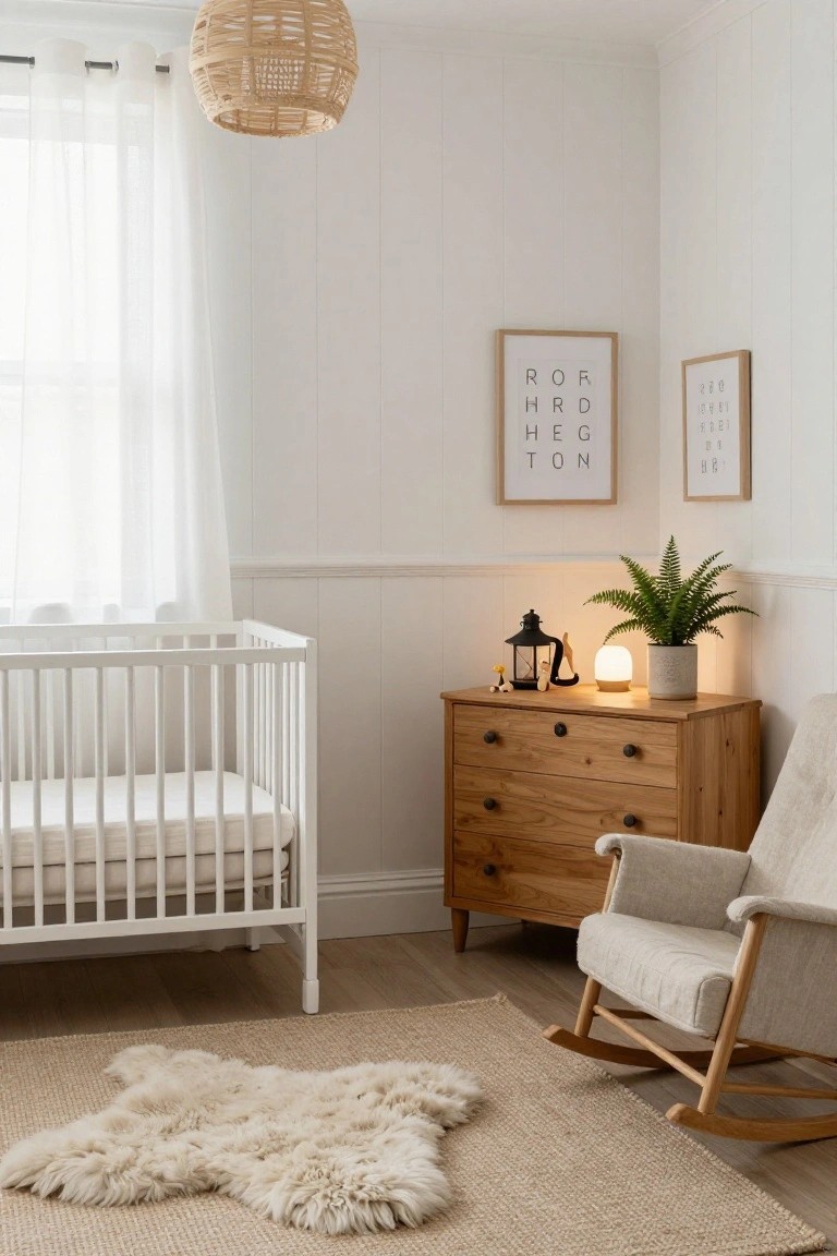 White wooden crib next to oak dresser with black lantern, white lamp, potted fern, and small toys on top, cream linen rocking chair, sheepskin rug, and rattan pendant light in a white-walled nursery corner.