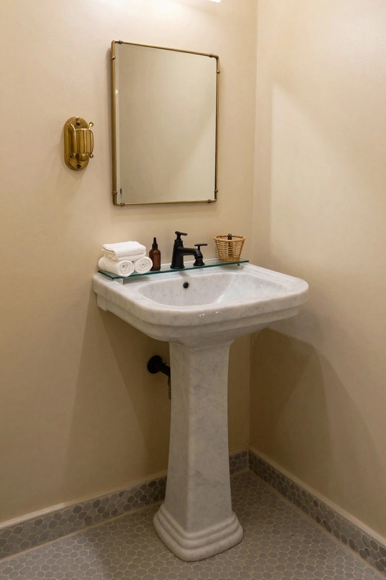 Corner bathroom with white marble pedestal sink, black faucets, glass shelf holding white towels amber bottles and wicker container, brass-framed rectangular mirror, and gray hex tile floor.