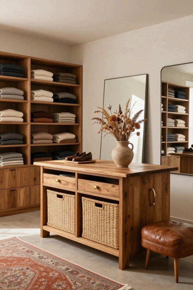 Walk-in closet with tall wooden shelving stocked with folded sweaters in neutral tones, central wooden island topped with brown loafers and holding drawers and wicker baskets, tall floor mirror, terracotta vase of dried pampas grass, brown leather stool, and oriental rug on light floor.
