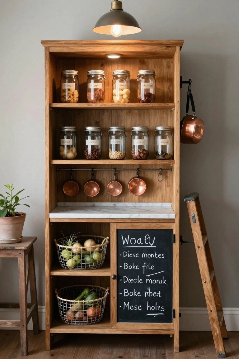 Wooden pantry cabinet with open shelves displaying labeled glass jars of dry goods and nuts, hanging copper pots and mugs on a bar, marble countertop, chalkboard door listing meals like 
