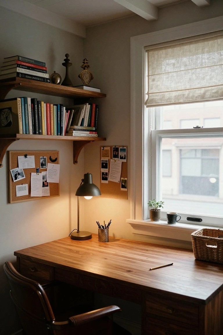 Cozy home office interior featuring wooden desk, open wood shelves with books and decor, corkboard with notes and photos, desk lamp, and window with linen shade.