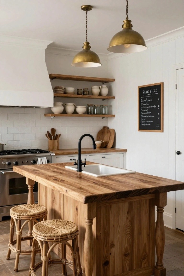 White kitchen with large wooden island topped by two brass pendant lights, two rattan bar stools, white farmhouse sink, gas range, open wooden shelves with pottery, and blackboard menu on wall.