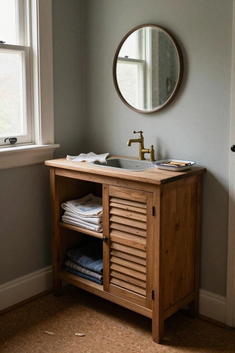 A natural wood bathroom vanity with open upper shelf holding folded towels and linens, slatted louvered doors on the lower cabinet, concrete sink with brass faucet, and round wood-framed mirror on pale gray wall next to a window.