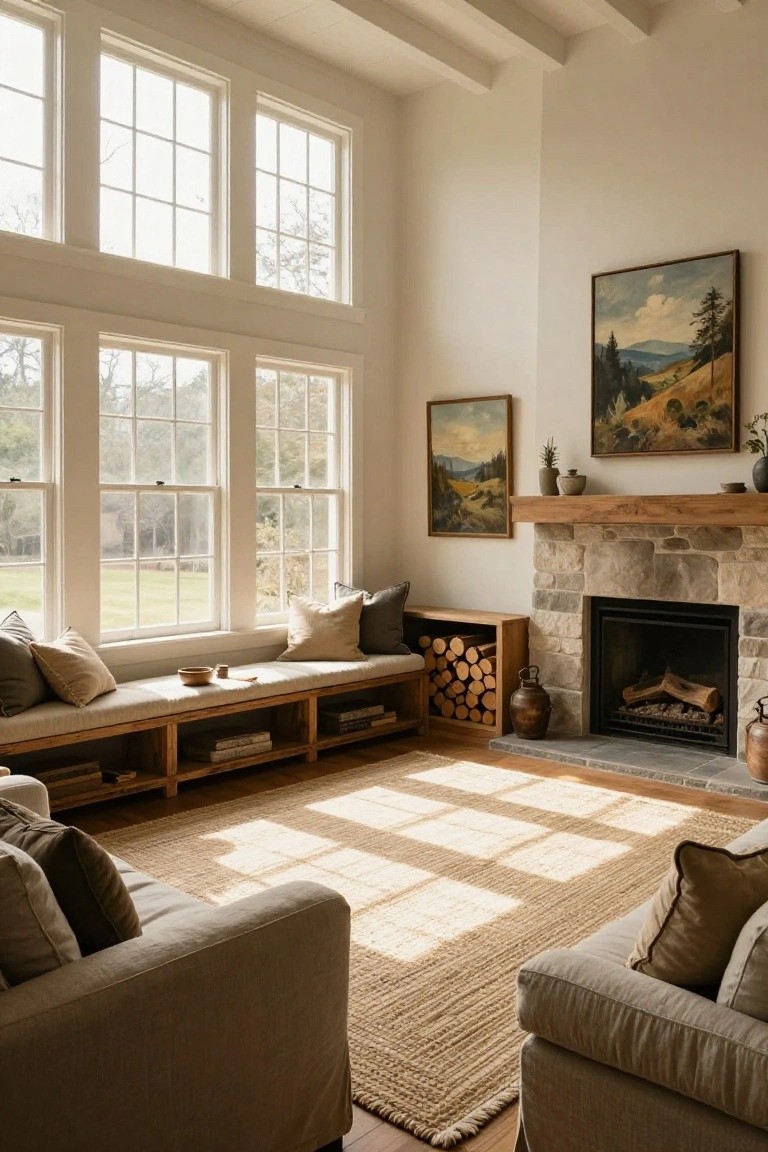 Light-filled rustic living room with tall triple windows overlooking a field, built-in wooden window bench with beige cushions and open shelving below, stone fireplace with burning logs and adjacent firewood storage crate, two beige armchairs on a seagrass rug, and two landscape paintings on white walls.