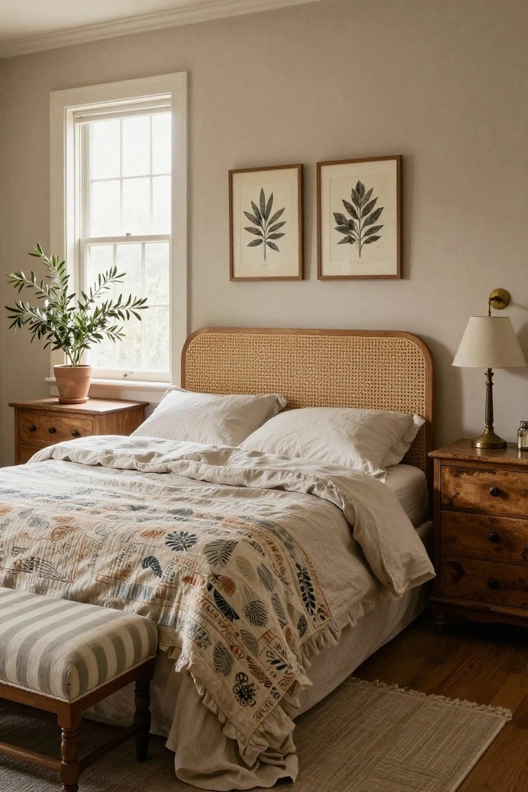 Bedroom with curved rattan headboard, white linen sheets and pillows under a multicolored patterned quilt draped over the edge, wooden nightstands on either side, two framed botanical leaf prints above the bed, potted olive tree by sunlit window, striped bench at bed foot, beige rug on hardwood floor.