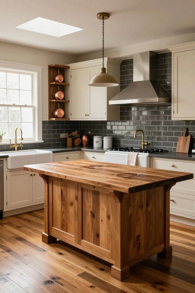 Traditional kitchen with white shaker cabinets, dark gray subway tile backsplash, white farmhouse sink, wooden center island, brass faucets, and hardwood floors.