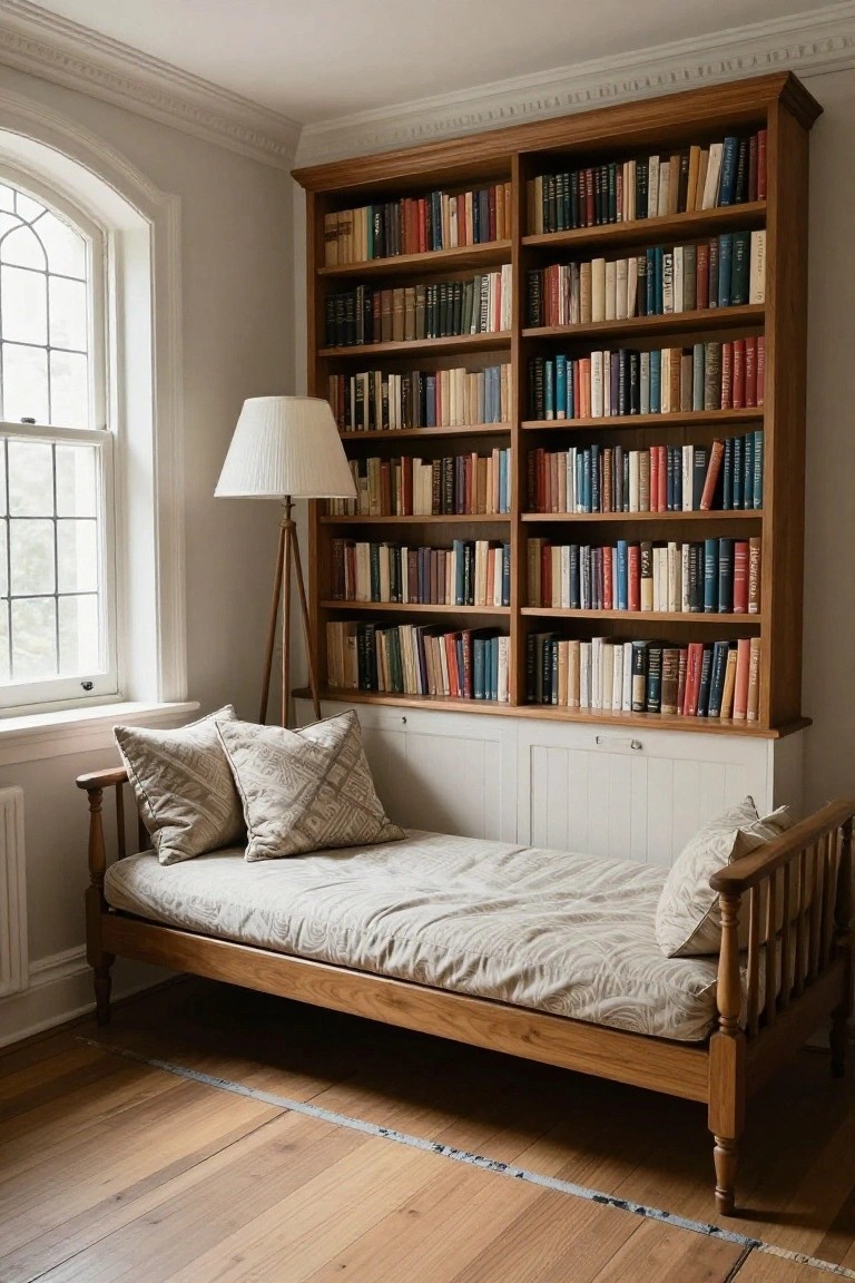 Corner of a light room with tall wooden bookshelves filled with books, a wooden daybed with beige cushions and pillows, a white tripod floor lamp, arched window, paneled walls, and hardwood floors.