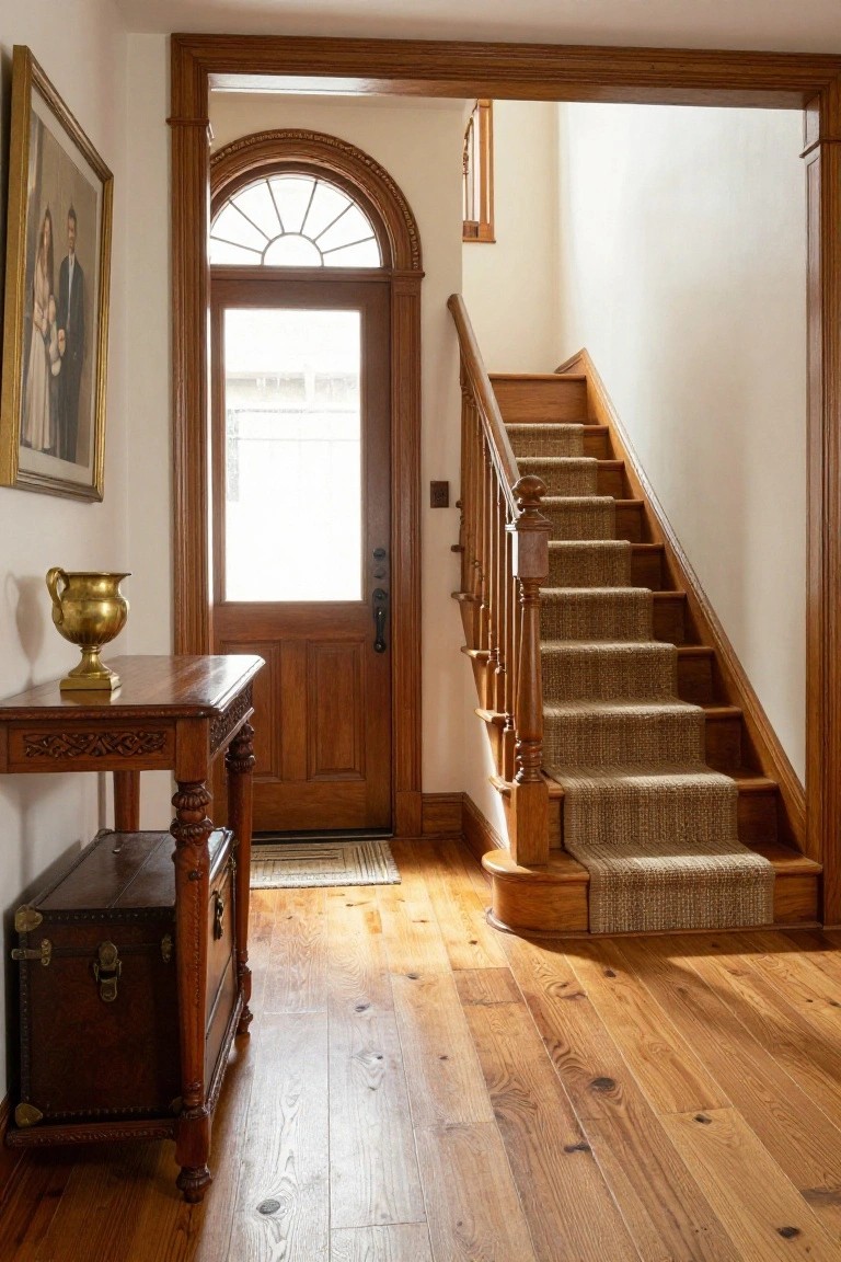 Traditional entryway interior with wooden front door under fanlight arch, carved wooden console table holding brass urn and chest, wooden staircase with seagrass runner, and wide plank heart pine floors.