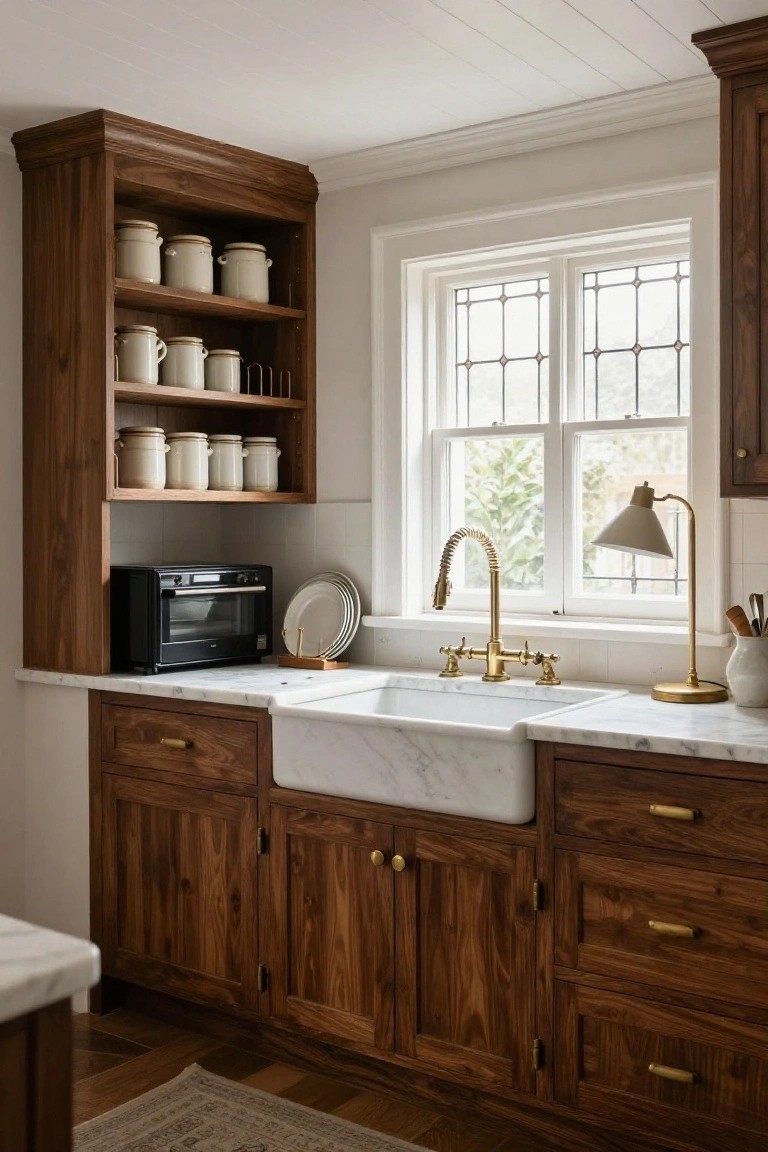 Kitchen corner with tall open wood shelving unit displaying white pottery jars, black toaster oven, white farmhouse sink with brass gooseneck faucet on marble countertop, and wood base cabinets beside a leaded glass window.