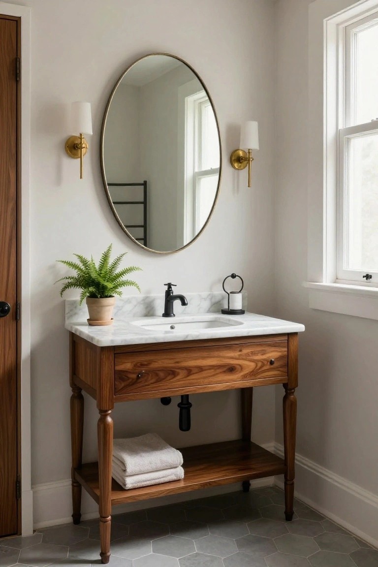 A small bathroom with a wooden vanity featuring turned legs and drawers, white marble countertop with black faucet, oval mirror, gold sconces, fern plant, towel rack, and gray hexagonal floor tiles next to a door and window.