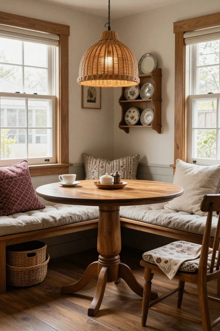 Corner dining nook inside a home with round wooden pedestal table, built-in linen-upholstered bench seating with pillows, rattan pendant light overhead, plate shelves on walls, and large windows with blinds.