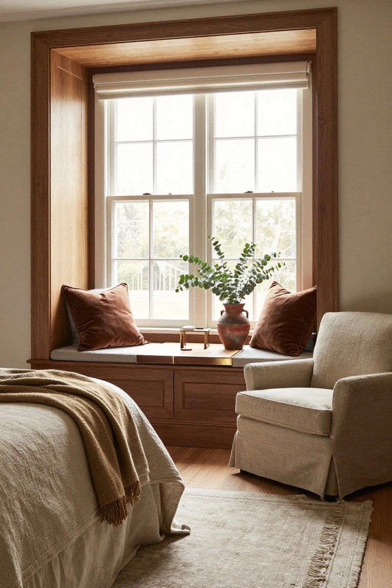 Bedroom interior with a large wood-framed window seat holding rust velvet cushions and a potted eucalyptus plant, beside a beige armchair and a bed draped in cream linens and a tan throw.