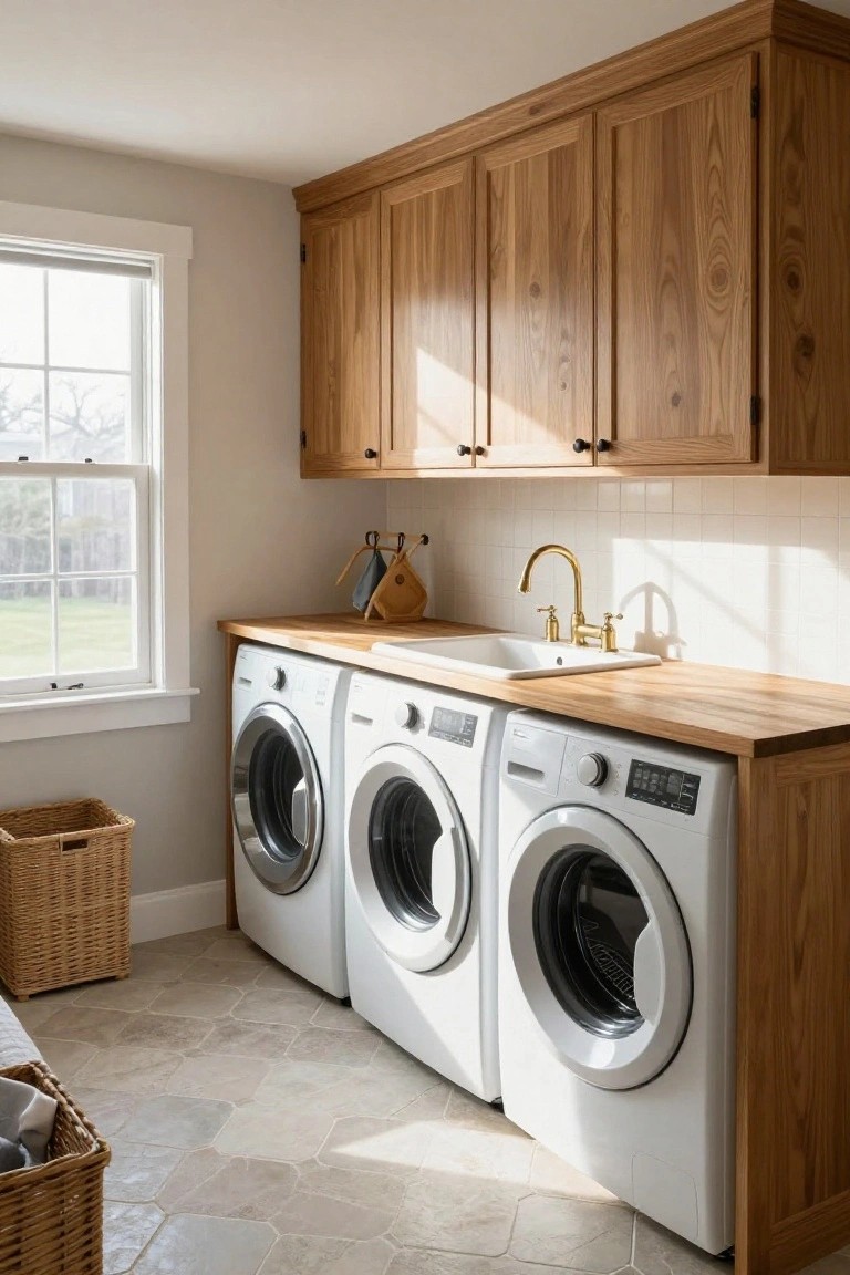 Laundry room with three white front-loading washers and dryers enclosed in oak wood cabinets, topped by a butcher block counter with white sink and gold faucet, wicker baskets on tile floor.