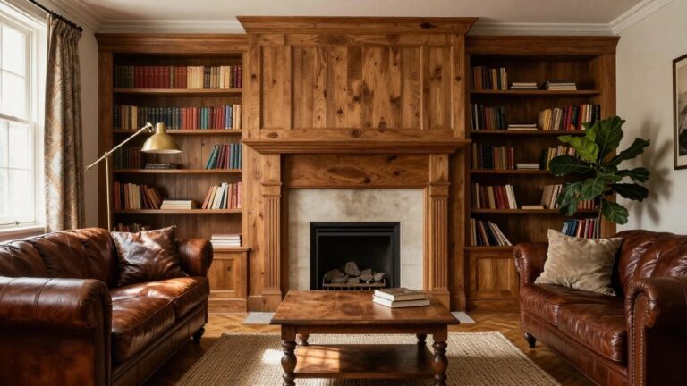 A traditional interior room with tall wooden built-in bookshelves flanking a lit fireplace, leather armchairs, wooden coffee table, plants, books, brass lamp, and seagrass rug on herringbone wood floors.