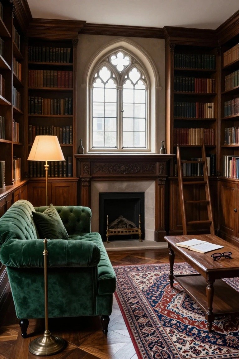 Wood-paneled library room with floor-to-ceiling bookshelves accessed by sliding wooden ladder, green velvet sofa, wooden coffee table with open book and eyeglasses, brass floor lamp, carved fireplace mantel, and tall arched window.
