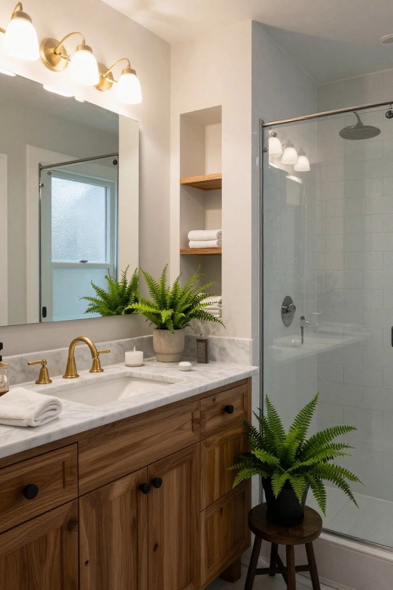 Bathroom with wooden vanity cabinet, white marble countertop, gold faucet, folded towels, potted ferns, and glass shower enclosure.