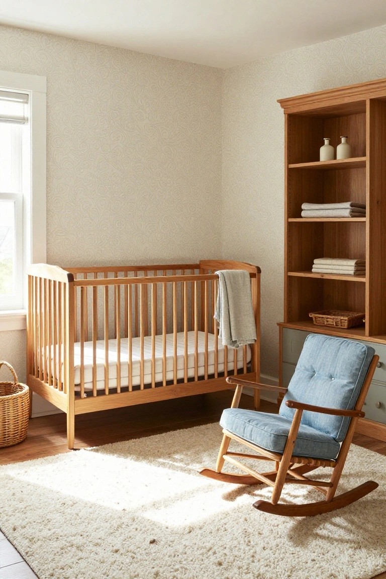 A light-colored nursery room with a wooden crib draped in a gray blanket, a blue cushioned rocking chair, wooden bookshelf with linens and baskets, wicker basket on the floor, and white shag rug near a window.