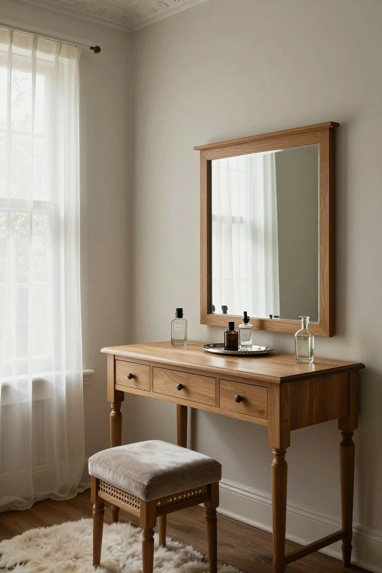 Oak wood vanity table with three drawers and matching rectangular framed mirror on the wall, glass perfume bottles and tray on the surface, upholstered stool with cane sides, sheer curtains on window, white shag rug on wood floor in a light beige room.