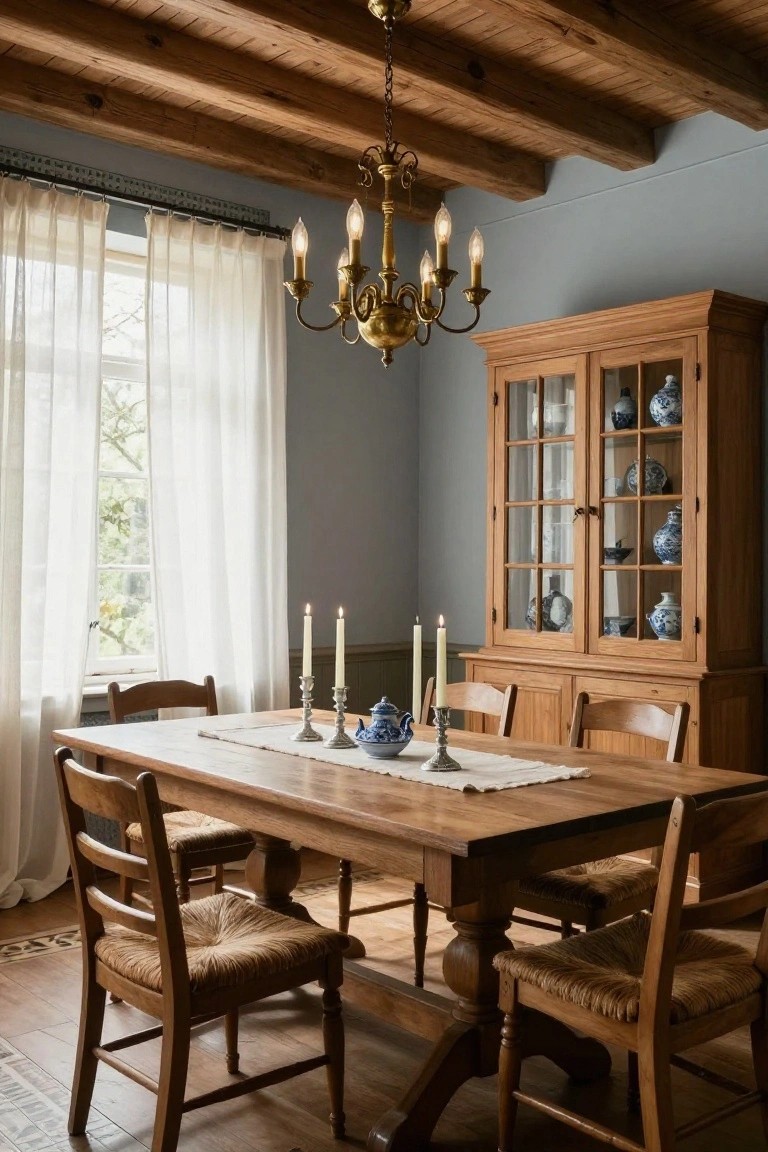 A dining room with exposed wooden ceiling beams, wooden table set with candles and blue teapot, wooden chairs with rush seats, brass chandelier, wooden china cabinet with blue porcelain pieces, gray walls, and window with sheer white curtains.