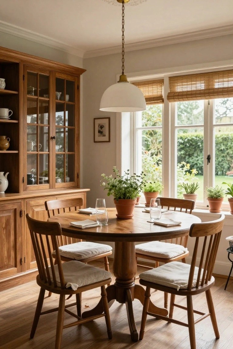 Light-filled dining area with round wooden pedestal table, four wooden ladderback chairs with white cushions, tall wooden cabinets with glass doors displaying dishes, potted plants on windowsills and table, bamboo shades on large windows.