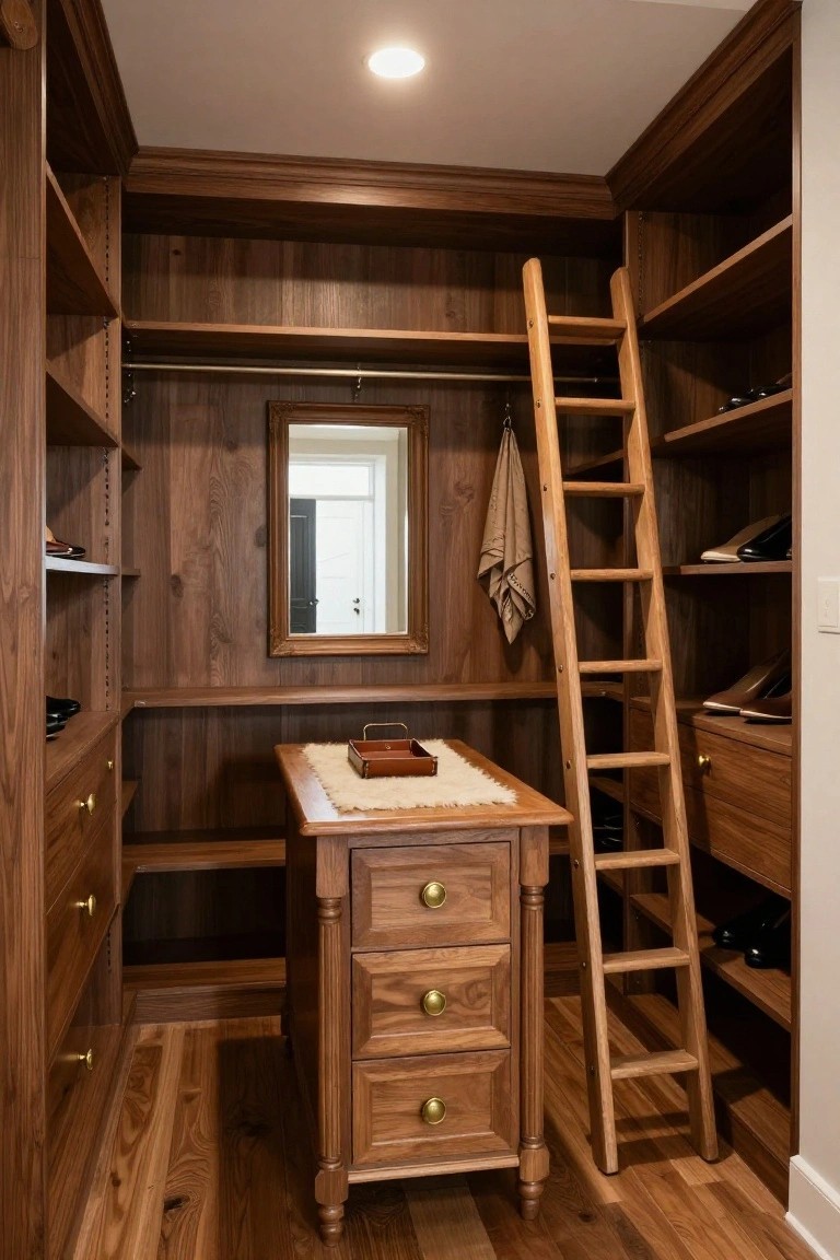 Wood-paneled walk-in closet with walnut shelves, hanging rods, central wooden island with drawers, shoe storage, folded towel on hook, leaning wooden ladder for upper shelves, mirror, and partial door view.