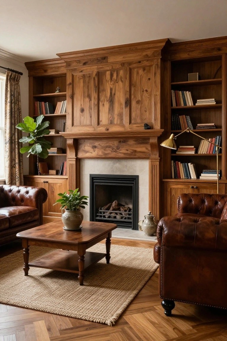 A traditional interior room with tall wooden built-in bookshelves flanking a lit fireplace, leather armchairs, wooden coffee table, plants, books, brass lamp, and seagrass rug on herringbone wood floors.