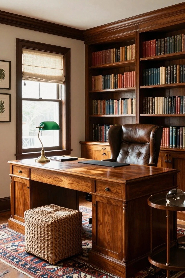 A traditional home office featuring floor-to-ceiling wooden bookshelves on two walls, a wooden desk with green banker's lamp, brown leather wingback chair, and woven footstool on a patterned rug.
