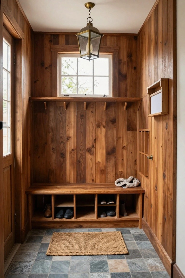 Wood-paneled mudroom interior with built-in bench featuring shoe storage cubbies, coat hooks on wall, shelves, brass lantern ceiling light, window, and seagrass rug on slate tile floor.