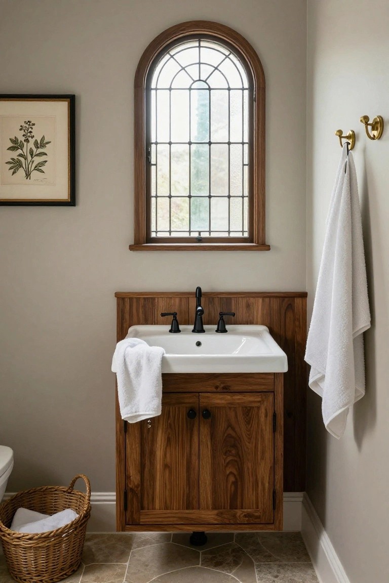 Corner bathroom with dark wood paneled vanity and sink, black faucet, white towels draped on edges and hooks, arched leaded glass window, botanical print, toilet, wicker basket with linens, on beige tiled floor.