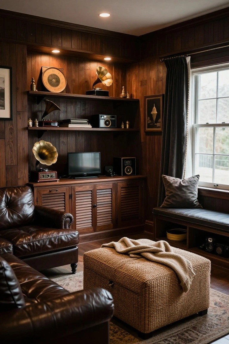 Wood-paneled room interior with built-in shelves displaying vintage gramophones and radios, leather armchairs, a footstool, cabinetry, flat-screen TV, and window bench with pillows.