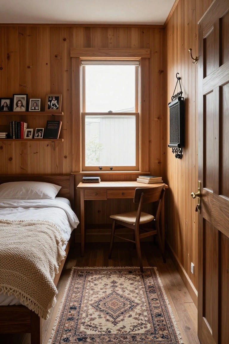 A small bedroom with vertical wood-paneled walls and ceiling trim, a low wooden bed with white linens and cream knit throw, wooden desk with stacked books and Eames-style chair, built-in bookshelves holding books and framed photos, large window with roller shade, Persian-style rug on wood floor, and paneled door.