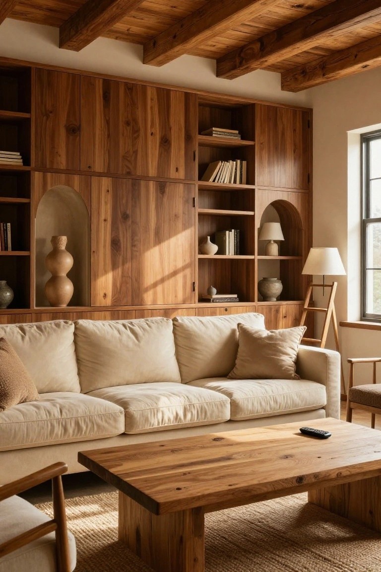 Sunlit living room with wooden beamed ceiling, extensive walnut-toned paneling on walls incorporating built-in shelves with books and ceramics, beige sofa, wooden coffee table, armchairs, and seagrass rug.