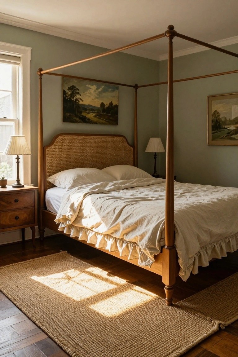 Bedroom interior with sage green walls, tall wooden four-poster bed featuring rattan headboard and white linen bedding, two wood nightstands with lamps, landscape paintings, and seagrass rug on hardwood floors.