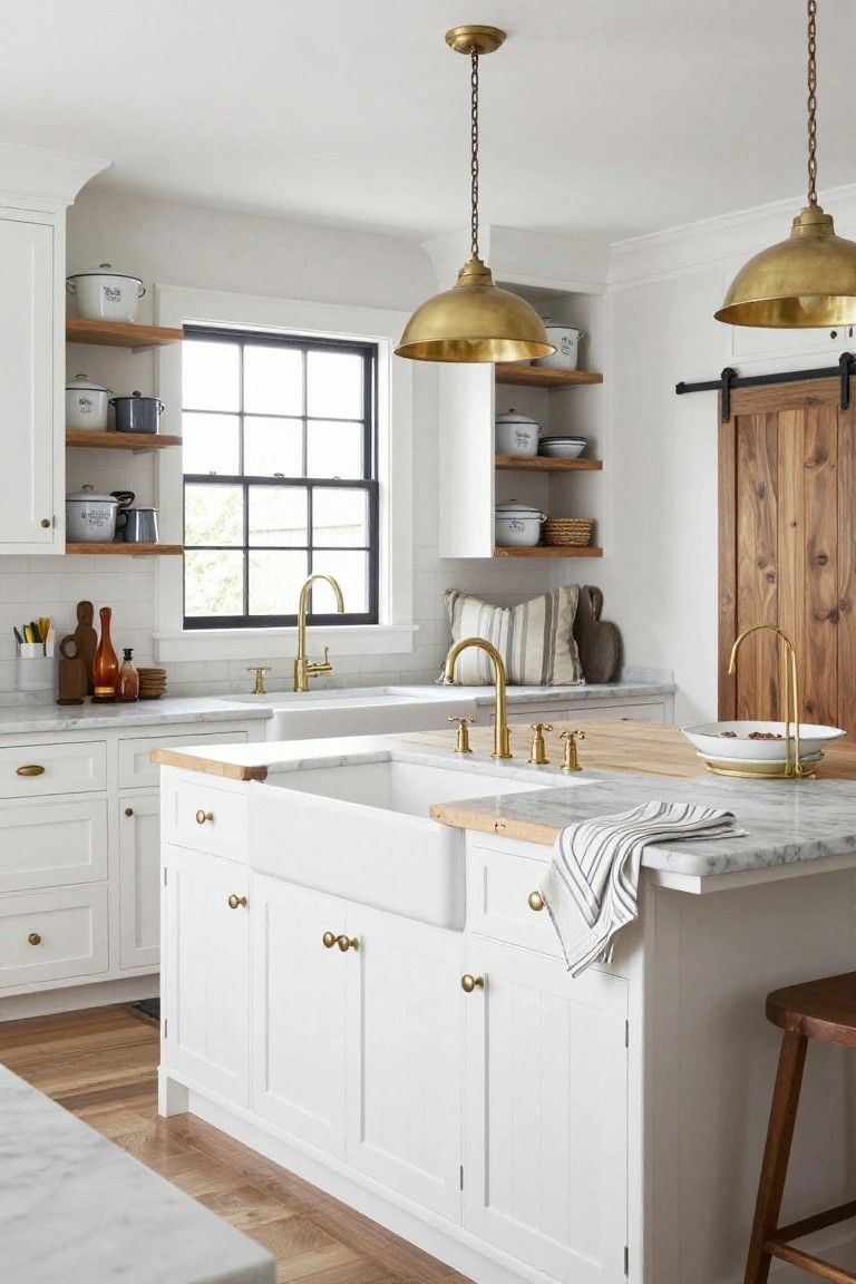 A white shaker-style kitchen with brass pendant lights, gooseneck faucets over a farmhouse sink on a butcher block-topped island, open wood shelves with pottery, marble counters, gold cabinet knobs, black-framed windows, and a wooden barn door.