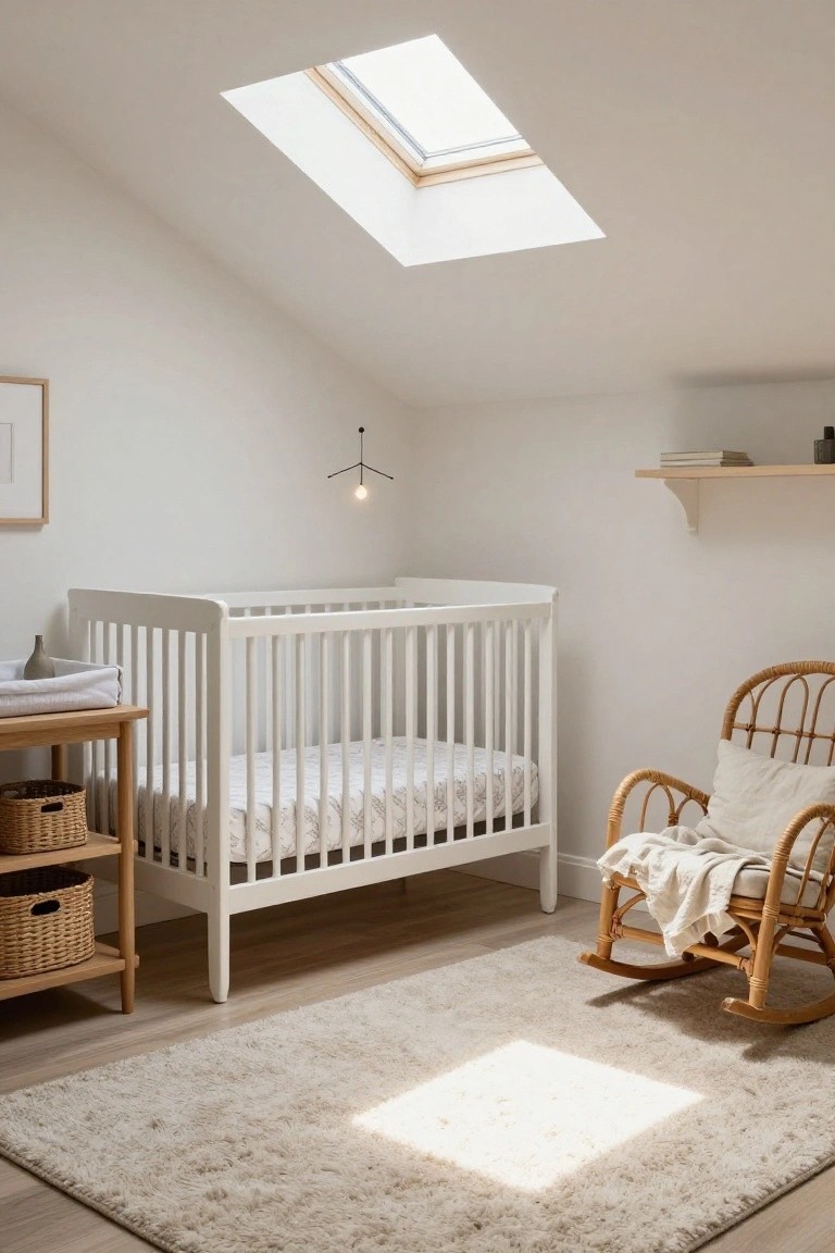 White crib with patterned sheet in a nursery room with sloped white ceiling and skylight, wooden changing table with baskets, rattan rocking chair with throw, floating shelf, and light rug on wood floor.
